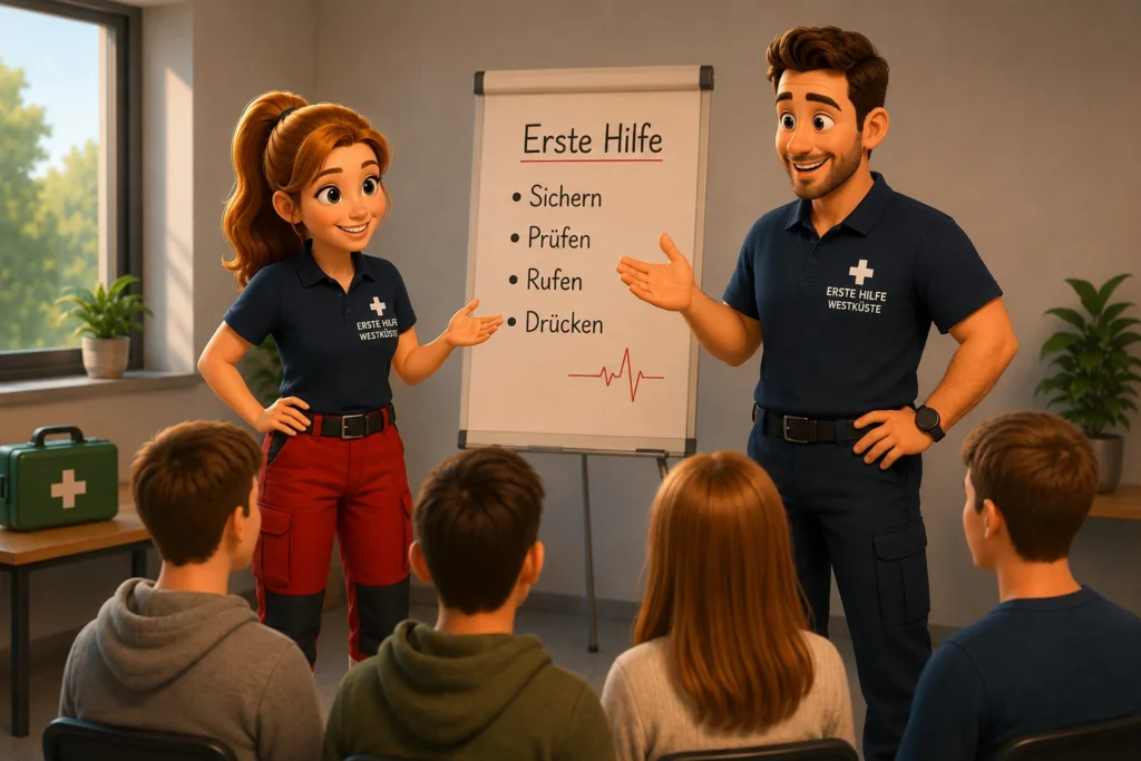 team-2 Ausbilder von Erste-Hilfe Westküste erklären Erste Hilfe für Fahrschüler in Heide